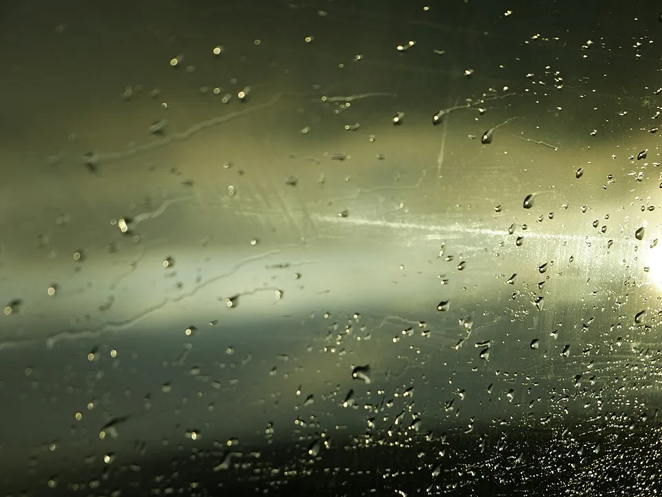 夕日が差す、雨粒のついた窓