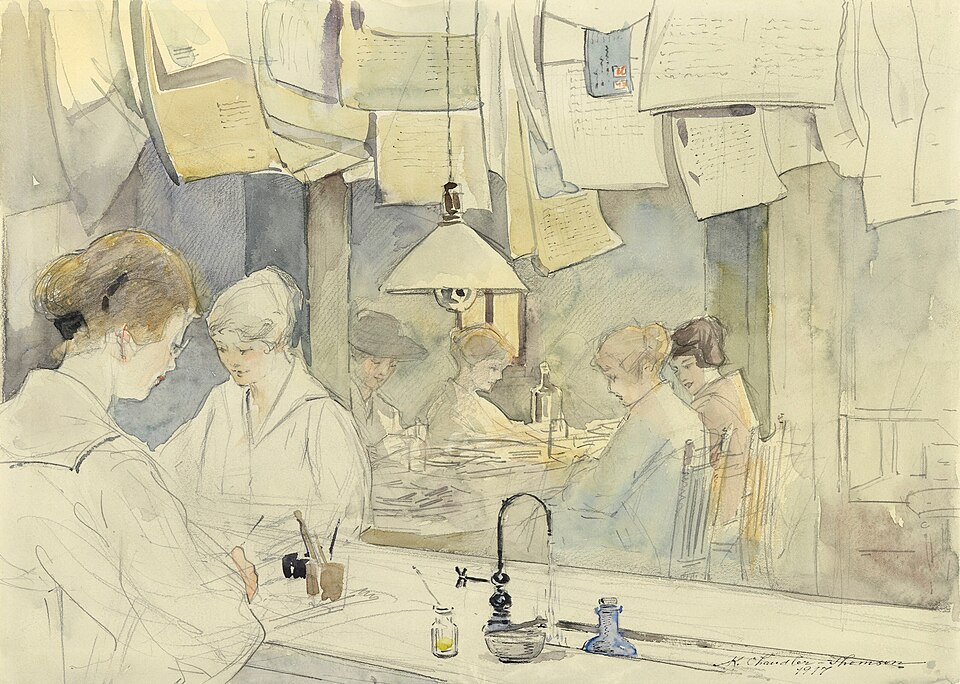 手紙の仕分けをする人たちを描いた水彩画
